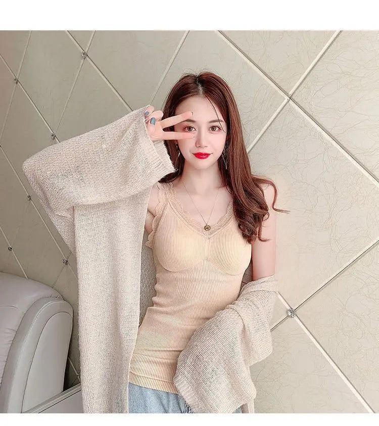 Women's Sleek & Stylish Thermal Lace Vest with Padded Bra for Winter Warmth.