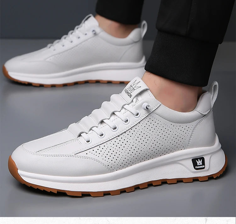 Men's Doefhom Genuine Cow Leather Sneakers — Lace-Up Casual Sport Shoes | Waterproof Outdoor Street Style Trainers for Spring & Autumn