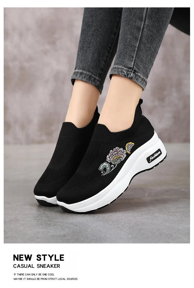 Women's Floral Embroidered Platform Slip-On Sneakers – Lightweight Mesh Walking Shoes with Cushioned Sole