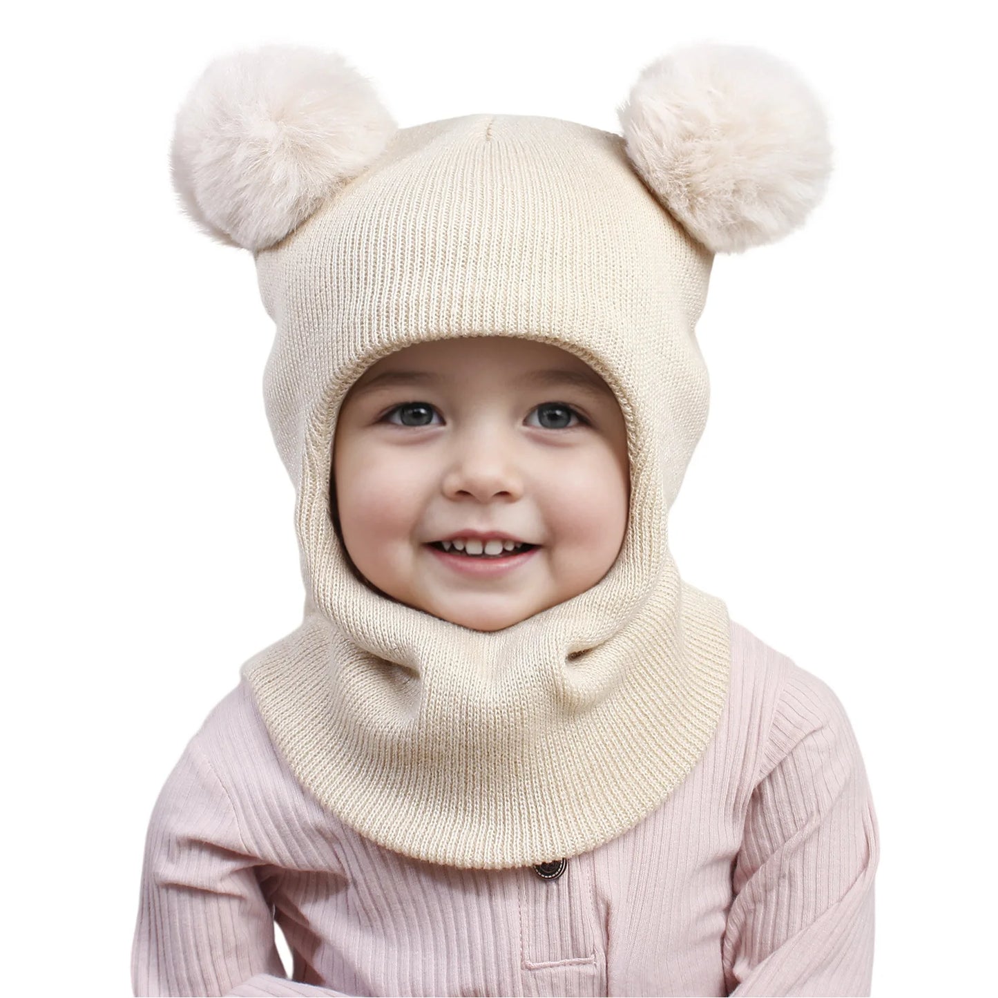 Unisex Adorable Kids Pom Pom Winter Hood - Knitted Hat & Scarf Combo | Cotton Ear-Protecting Balaclava