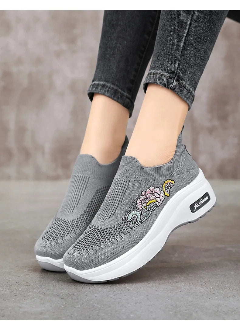 Women's Floral Embroidered Platform Slip-On Sneakers – Lightweight Mesh Walking Shoes with Cushioned Sole