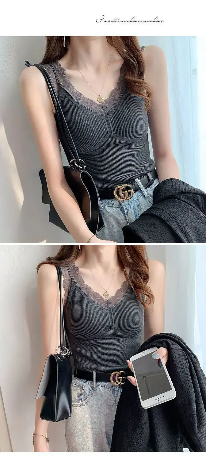 Women's Sleek & Stylish Thermal Lace Vest with Padded Bra for Winter Warmth.