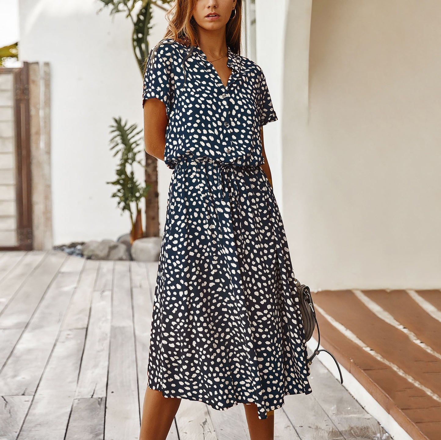 Women's Polka Dot Midi Dress – Slim Fit A-Line Casual Summer Dress with Drawstring Waist