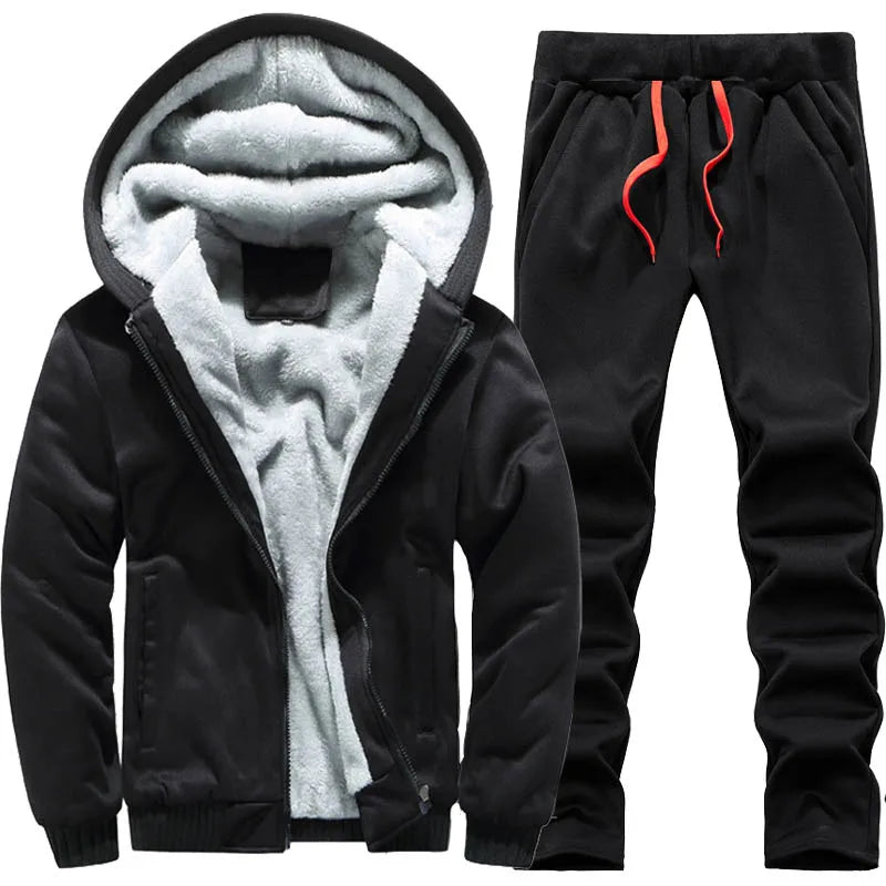 Men's Winter Polyester Set - Warm Hooded Jacket Pants