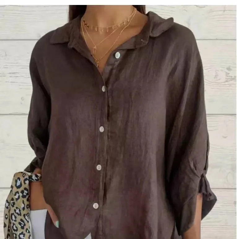 Women's Cotton Linen Button-Up Shirt - Casual Loose Fit Blouse for Summer