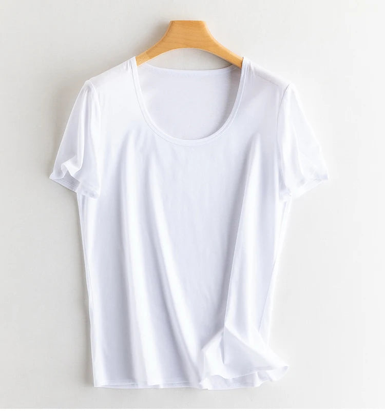 Eesswel Women's V-Neck Silk-Blend T-Shirt | Soft Breathable Summer Tee | Casual Short Sleeve Solid Top – Multiple Colors