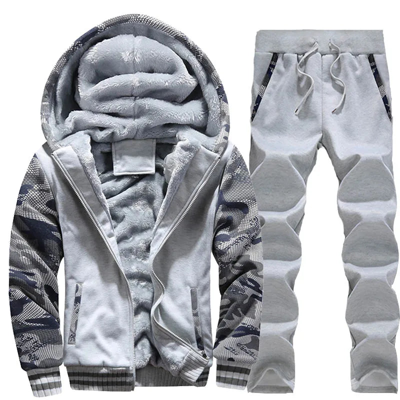Men's Winter Polyester Set - Warm Hooded Jacket Pants
