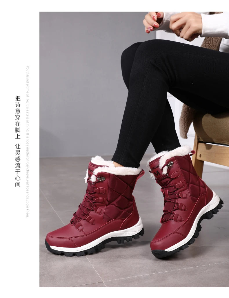 Women's Plush-Lined Waterproof Snow Boots - High-Top Winter Hiking Ankle Boots