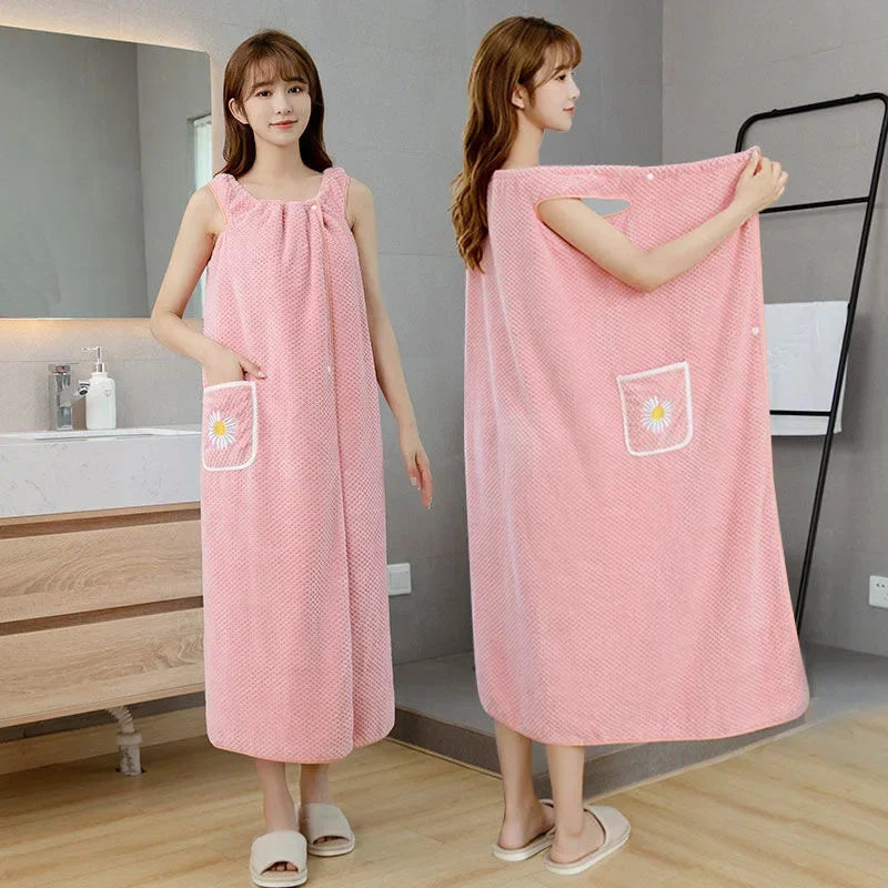 Women's Premium Combed Cotton Bath Wrap - Soft Wearable Towel Robe with Pocket for Home & Spa