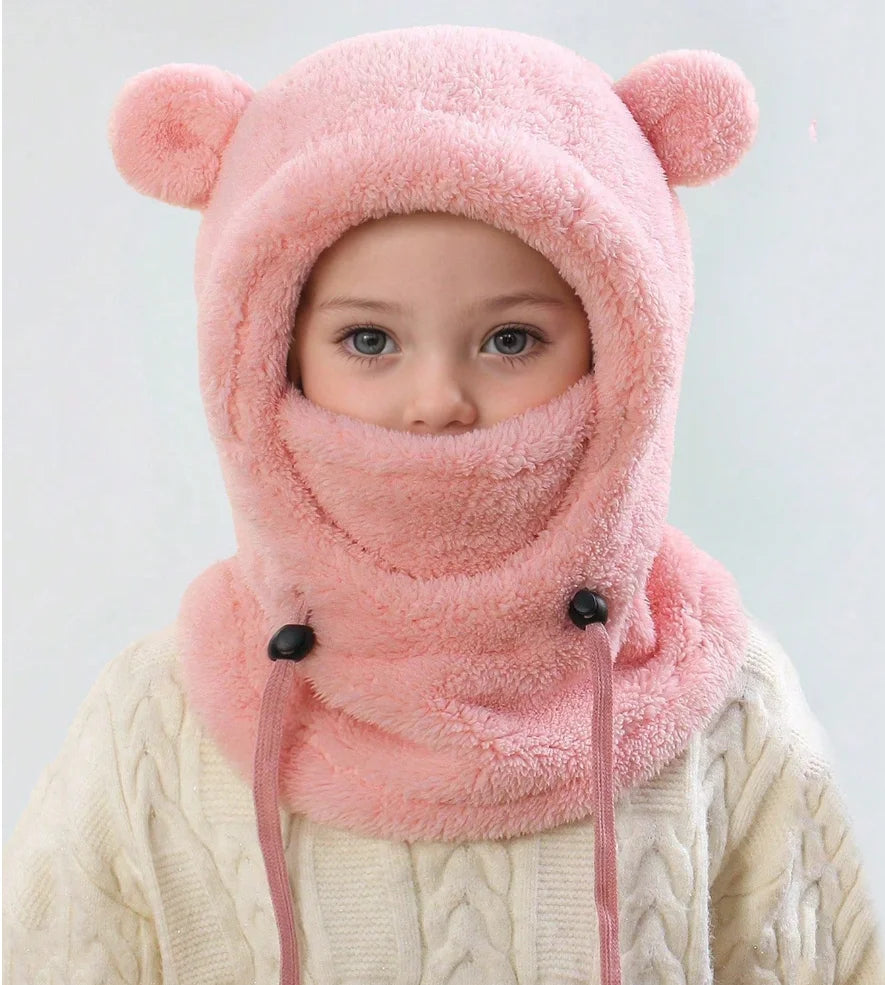 Unisex Kids Cute Bear Ear Winter Hood - All-in-One Face Cover & Scarf | Polyester Warm Balaclava Ages 2-8