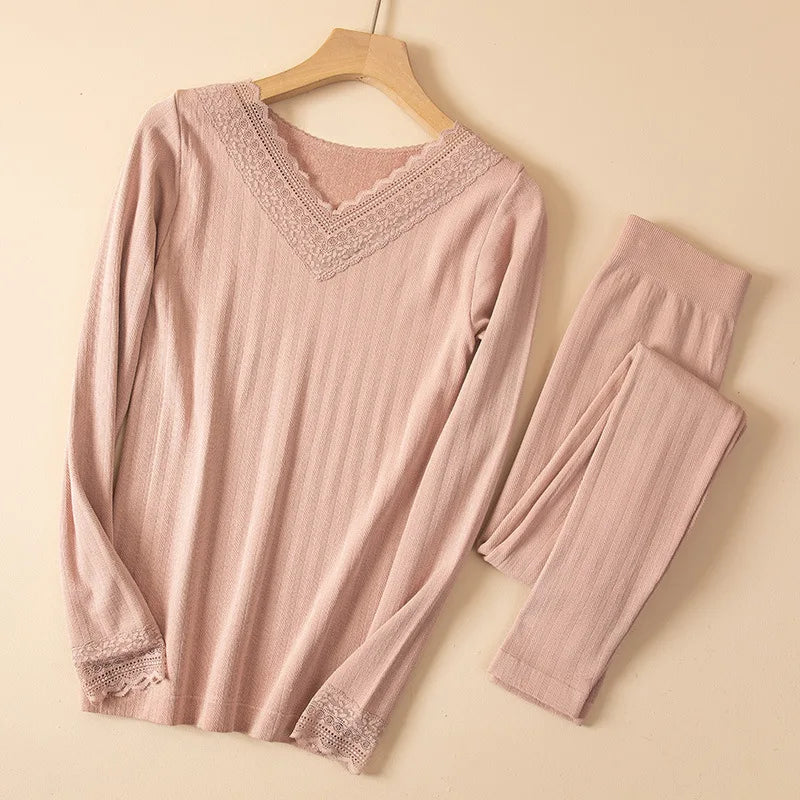 Women's Winter Lace Thermal Underwear Set: Long Sleeve V-Neck Blouse & Slim Fit Pants for Cozy Autumn Style.