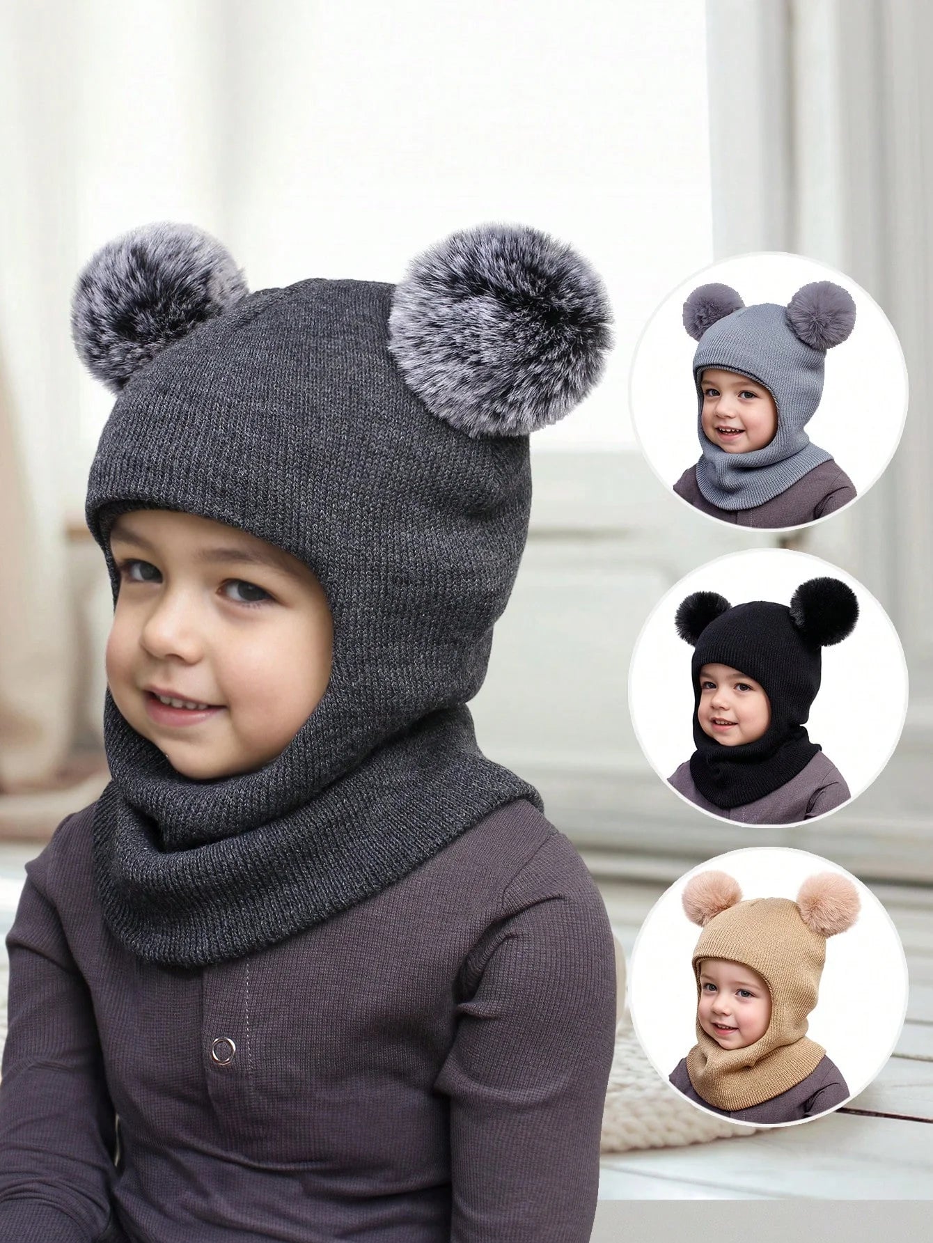 Unisex Adorable Kids Pom Pom Winter Hood - Knitted Hat & Scarf Combo | Cotton Ear-Protecting Balaclava