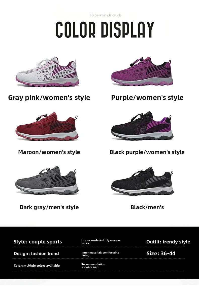 Six pairs of stylish couple sports sneakers showcase various color options and designs for men and women.

