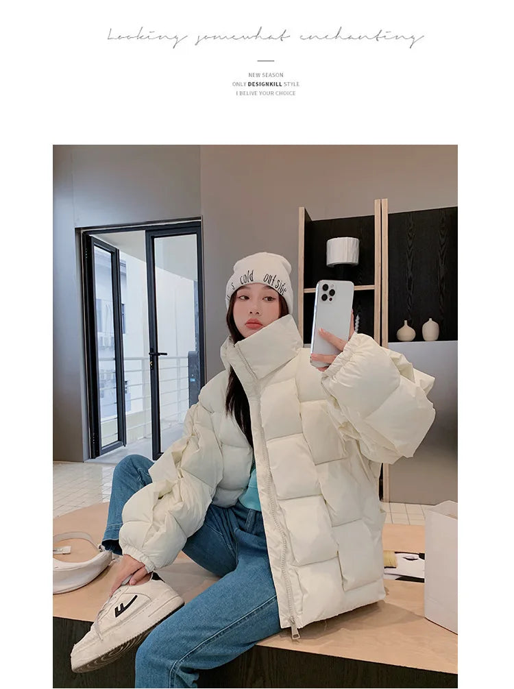 Women's Oversized Puffer Jacket - Warm Cotton Filled Winter Coat with Stand Collar