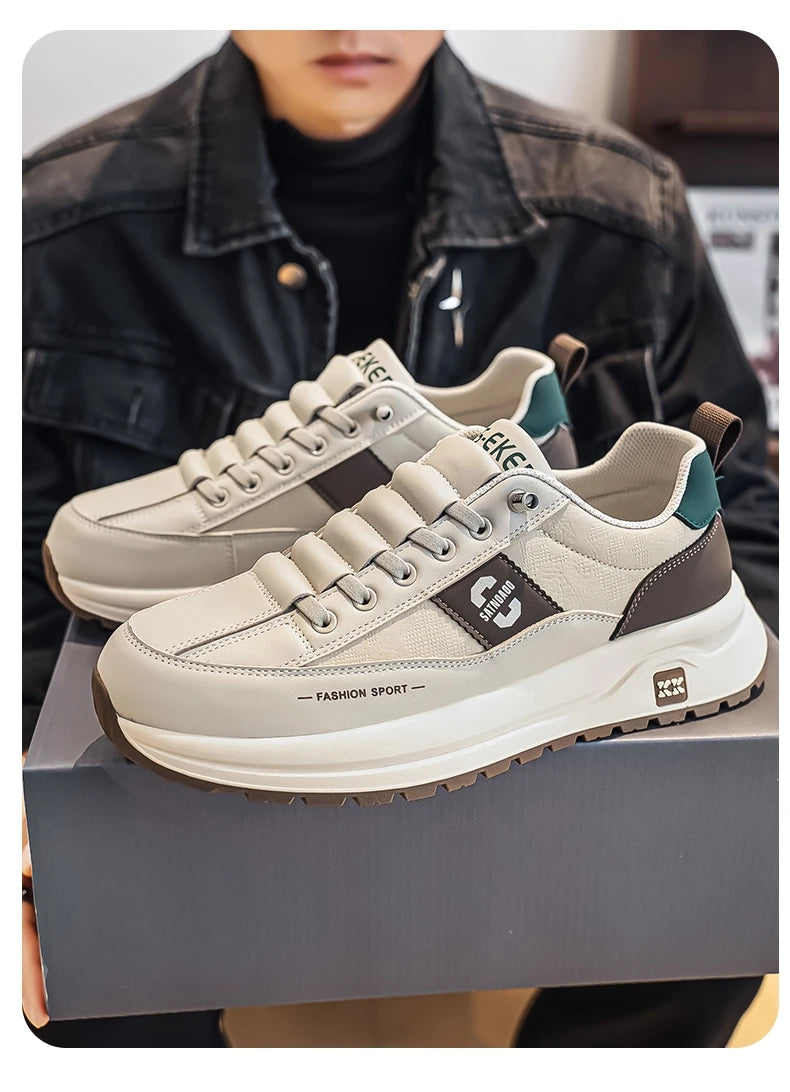 Men's Bonded Leather Lace-Up Casual Sneakers – Breathable Comfort, Non-Slip Rubber Outsole | Fashion Running Style | Black, Beige & Grey | Spring/Autumn