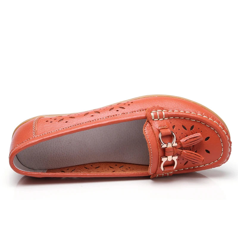 Women's Genuine Leather Loafers Flat Comfort Slip-On Moccasins with Arch Support Wide Sizes EU 41-43 (US 10-12)