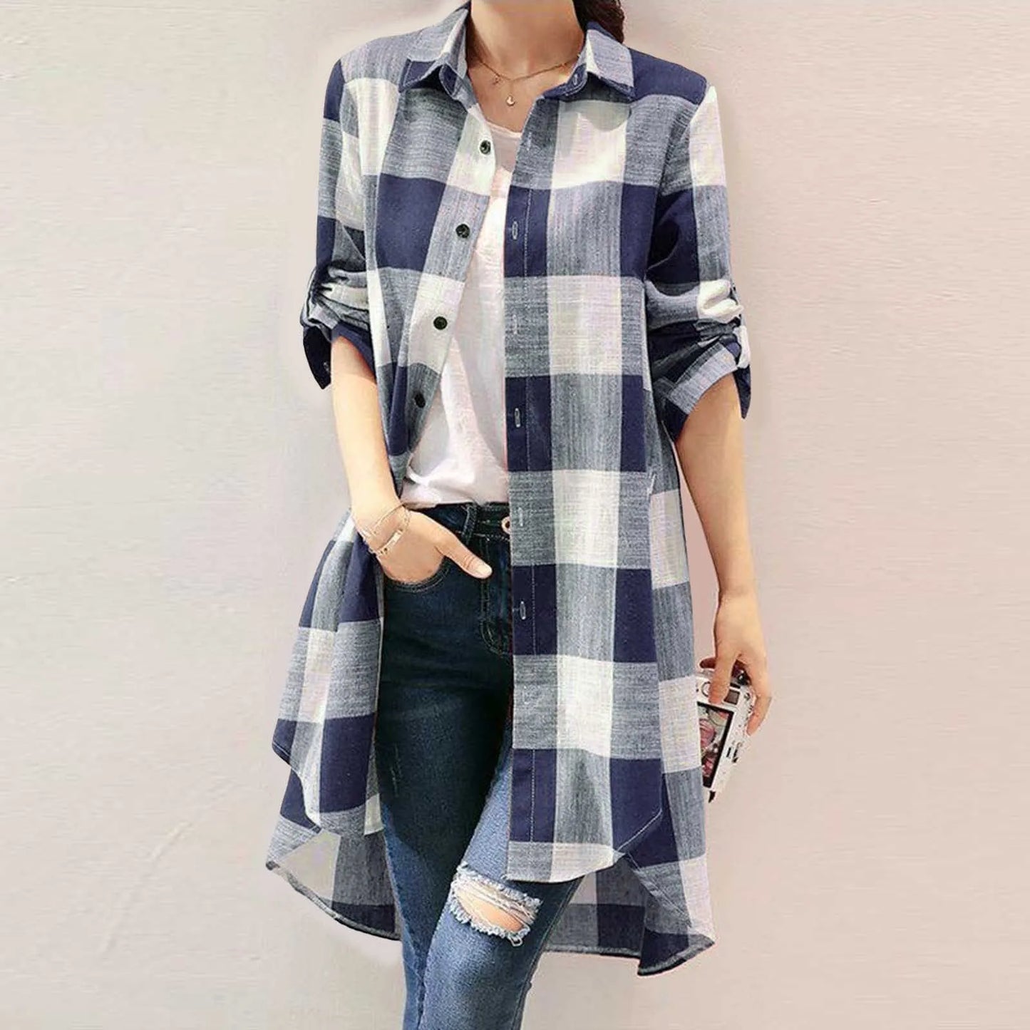 Women's Plaid Longline Shirt — Button-Down Long Sleeve Oversized Tunic Top | 3 Colors