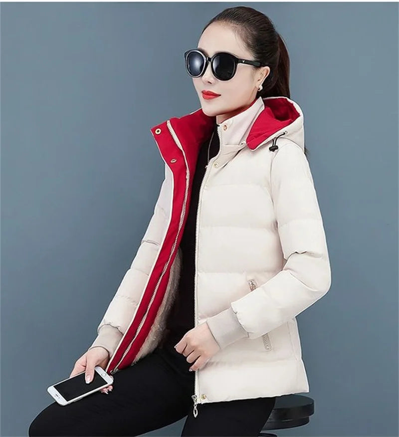Women's Velvet Cotton Padded Winter Jacket 2025 - Detachable Hood Warm Parka Coat"