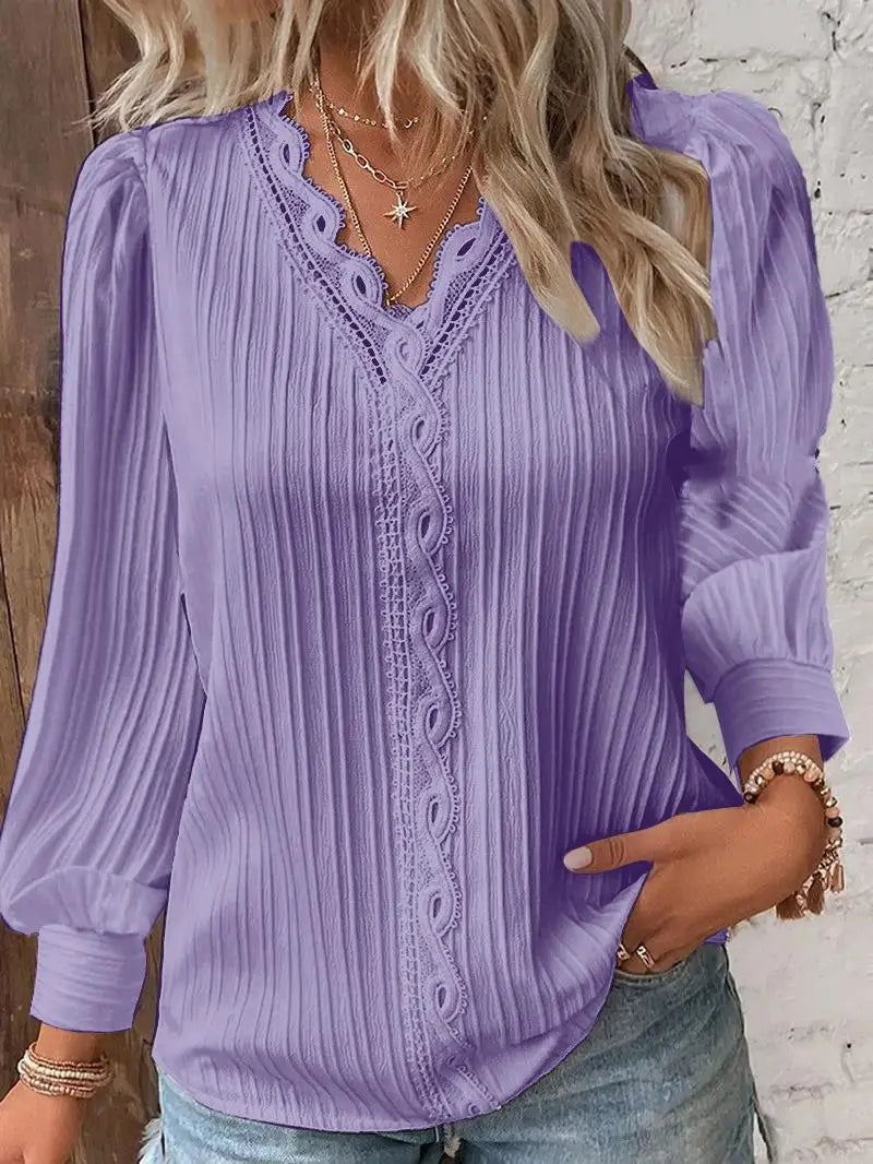 Women's LEDP Lace Detail V-Neck Blouse — Long Sleeve Textured Office Shirt | Elegant Pullover Top for Work & Casual | Autumn & Winter 2025