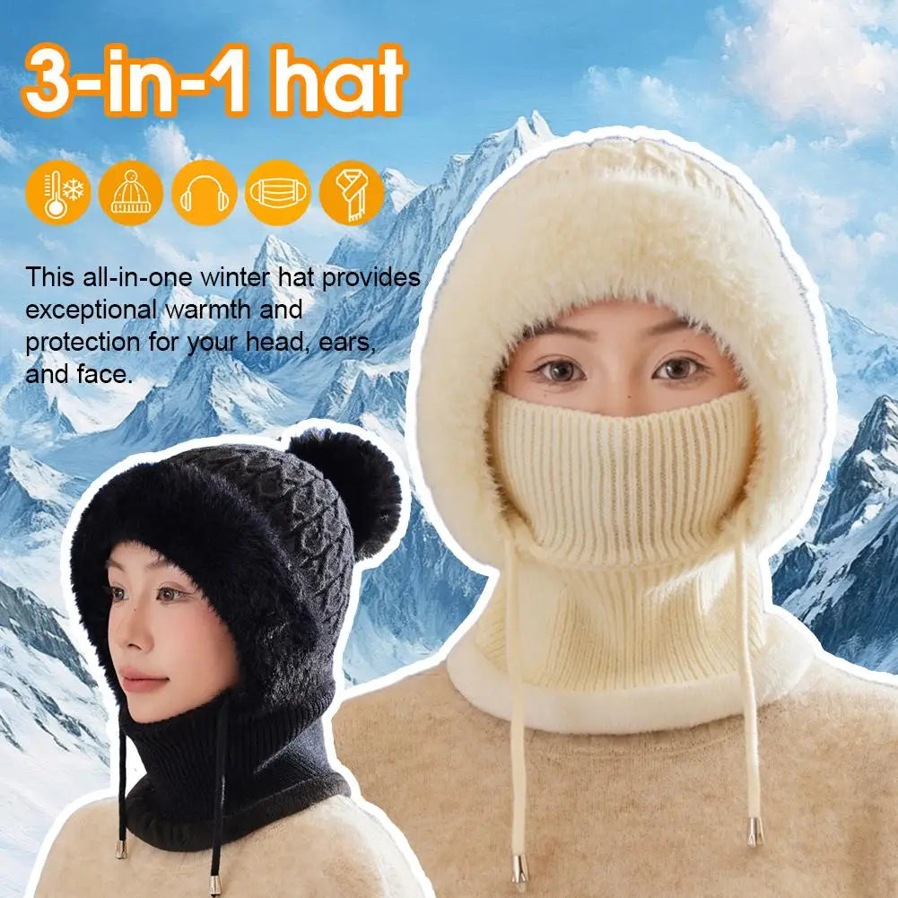 Women's 3-in-1 Winter Beanie Scarf Mask Set - Windproof Plush-Lined Faux Fur