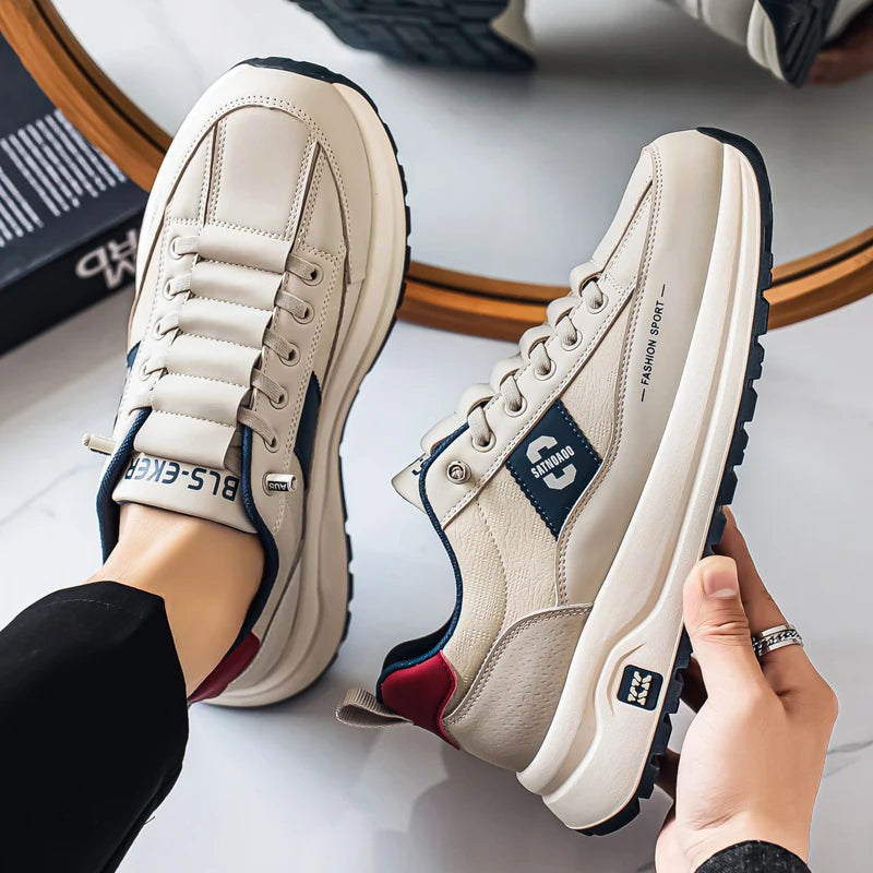 Men's Bonded Leather Lace-Up Casual Sneakers – Breathable Comfort, Non-Slip Rubber Outsole | Fashion Running Style | Black, Beige & Grey | Spring/Autumn
