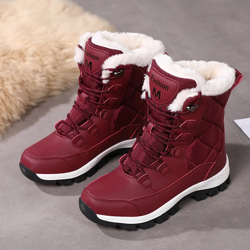 Women's Plush-Lined Waterproof Snow Boots - High-Top Winter Hiking Ankle Boots