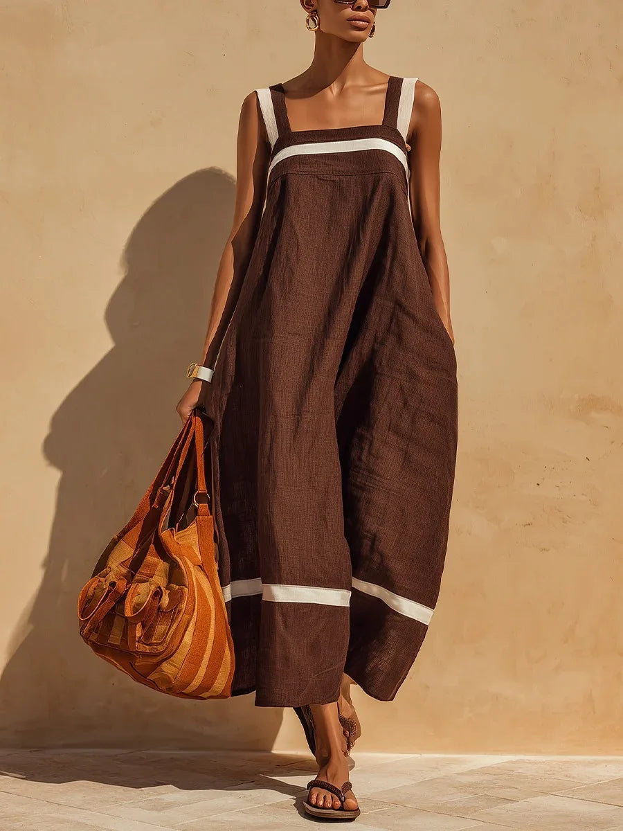 Women's Loose Suspender Dress with Pockets | Solid A-Line Midi Dress | Casual Summer Sleeveless Square Neck Sundress