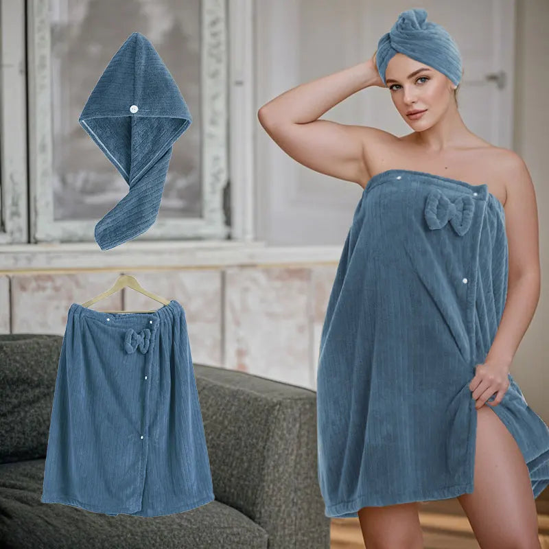 Women's Striped Bath Wrap & Hair Cap Set - Plus Size 2-Piece Luxury Robe, XXXL-XXXXL Adjustable Woven Towel