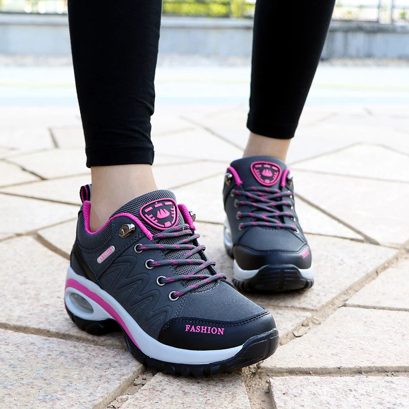 Women's Air Cushion Platform Sneakers - Waterproof Breathable Outdoor Athletic Shoes - Comfortable Lace-Up Hiking Sneakers