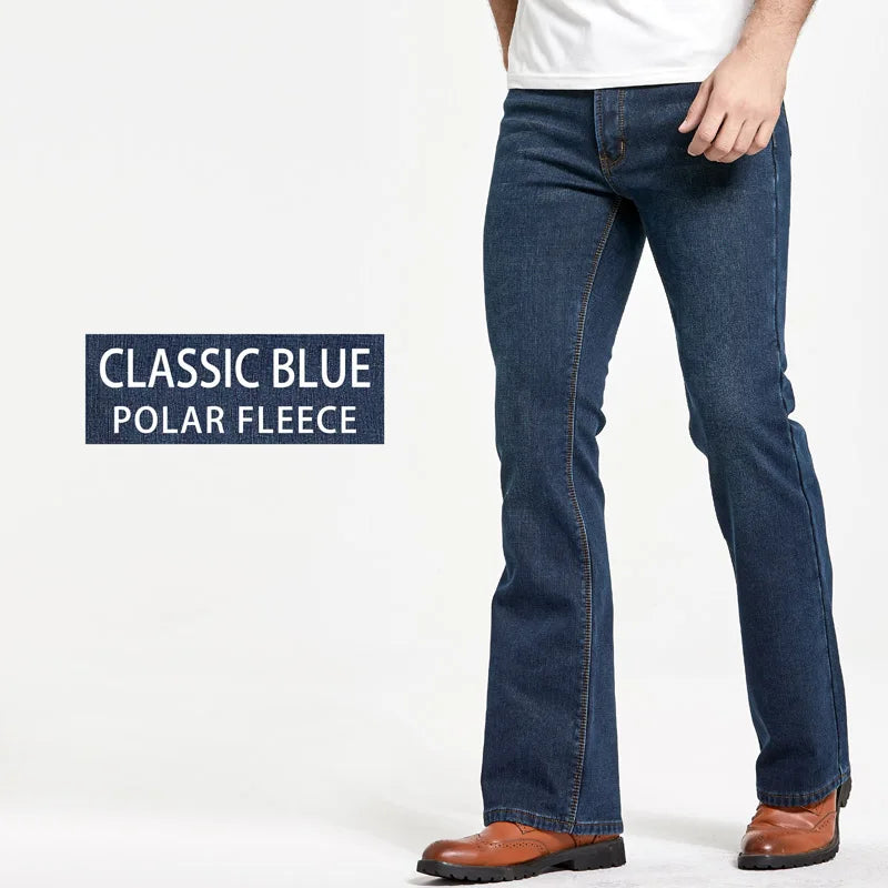 Men's Winter Stretch Fleece Jeans: Warm & Stylish Boot Cut.