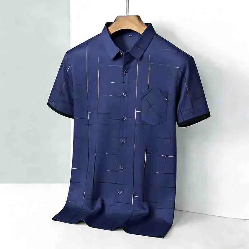 Men's 2026 Geometric Line Print Shirt Short Sleeve with Chest Pocket | 100% Cotton Button-Up Business Casual Daily Office Fashion Top.