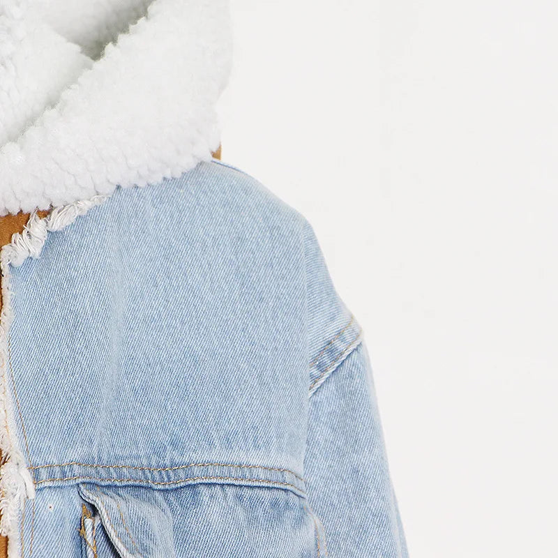 Women's Winter Denim Spliced Hooded Lamb Wool Jacket for Women-Thick Cotton Outwear with Double Pockets & Single-Breasted Closure.