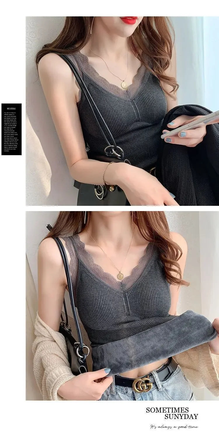 Women's Sleek & Stylish Thermal Lace Vest with Padded Bra for Winter Warmth.