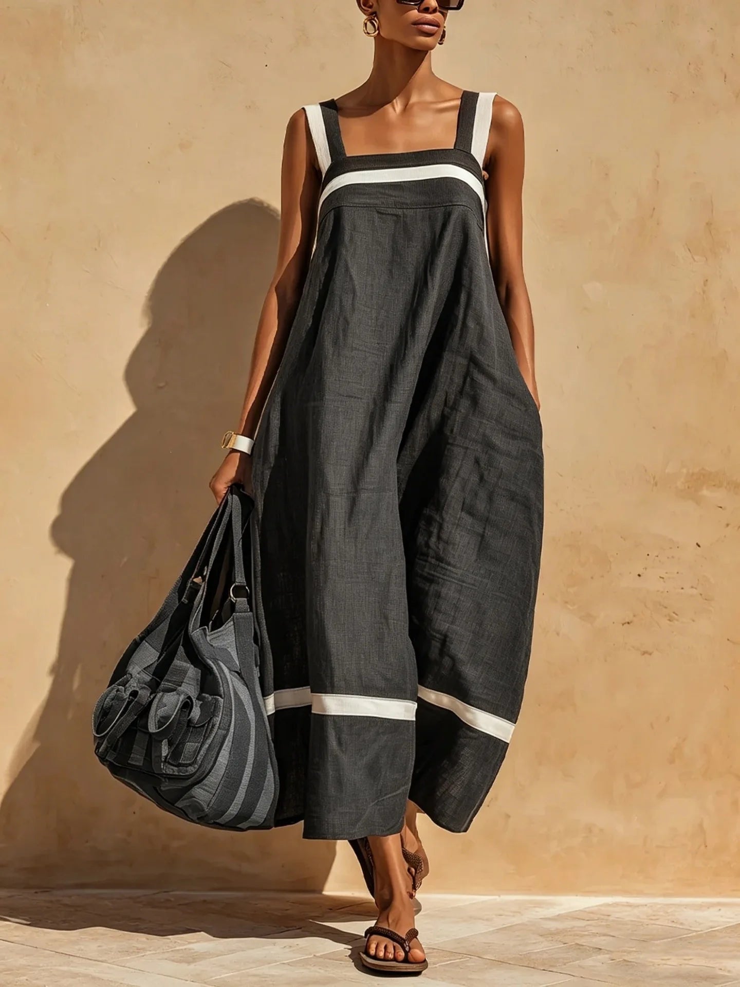 Women's Loose Suspender Dress with Pockets | Solid A-Line Midi Dress | Casual Summer Sleeveless Square Neck Sundress