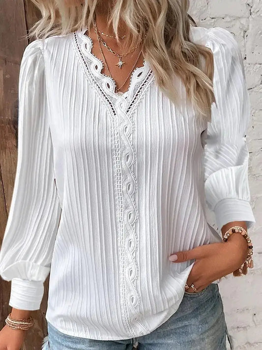 Women's LEDP Lace Detail V-Neck Blouse — Long Sleeve Textured Office Shirt | Elegant Pullover Top for Work & Casual | Autumn & Winter 2025