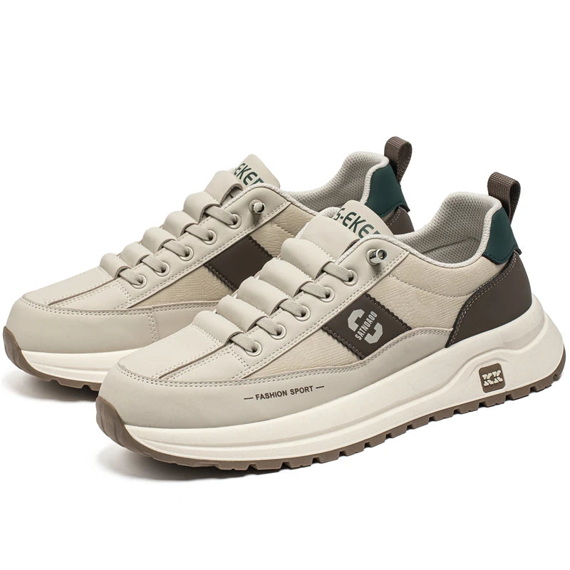 Men's Bonded Leather Lace-Up Casual Sneakers – Breathable Comfort, Non-Slip Rubber Outsole | Fashion Running Style | Black, Beige & Grey | Spring/Autumn