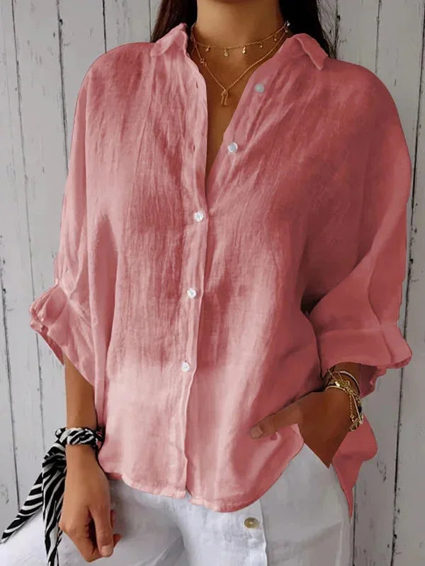Women's Cotton Linen Button-Up Shirt - Casual Loose Fit Blouse for Summer