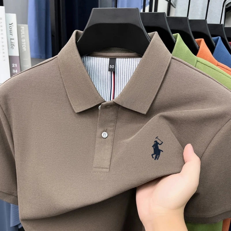 Men's 100% Cotton Short Sleeve Polo Shirt – Embroidered Logo Golf Top | Anti-Wrinkle Summer Casual