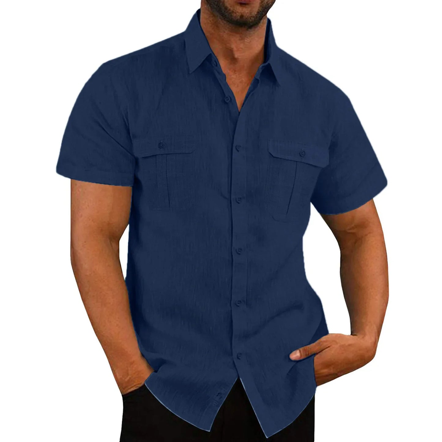 DFKDZG Men's Linen Blend Short-Sleeve Casual Button-Down Shirt | Breathable Summer Beach Style, Plus Size M–4XL