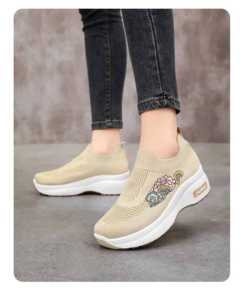 Women's Floral Embroidered Platform Slip-On Sneakers – Lightweight Mesh Walking Shoes with Cushioned Sole