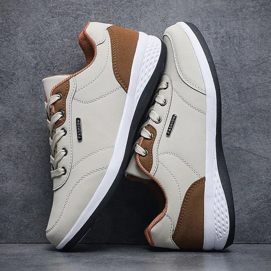 Men's Two-Tone Leather Casual Sneakers — Lightweight Lace-Up Stitching Walking Shoes | EVA Sole Non-Slip Street Style Trainers for Spring & Autumn