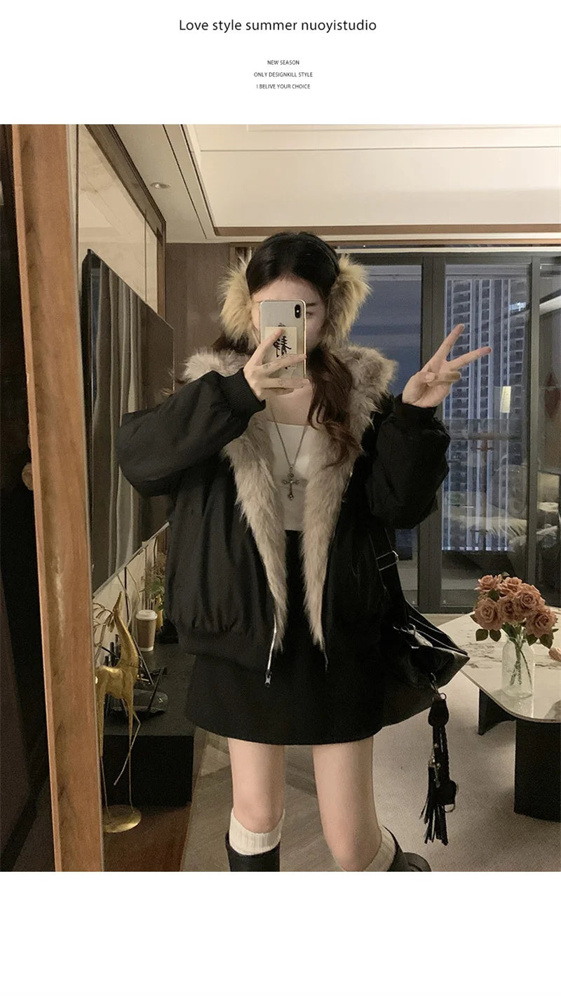 Women's Reversible Faux Fur Hooded Coat - Double Sided Polyester Autumn/Winter Jacket with Warm Padding