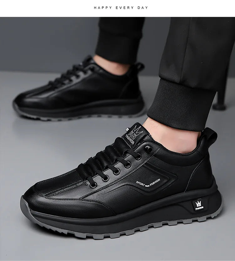 Men's Doefhom Genuine Cow Leather Sneakers — Lace-Up Casual Sport Shoes | Waterproof Outdoor Street Style Trainers for Spring & Autumn