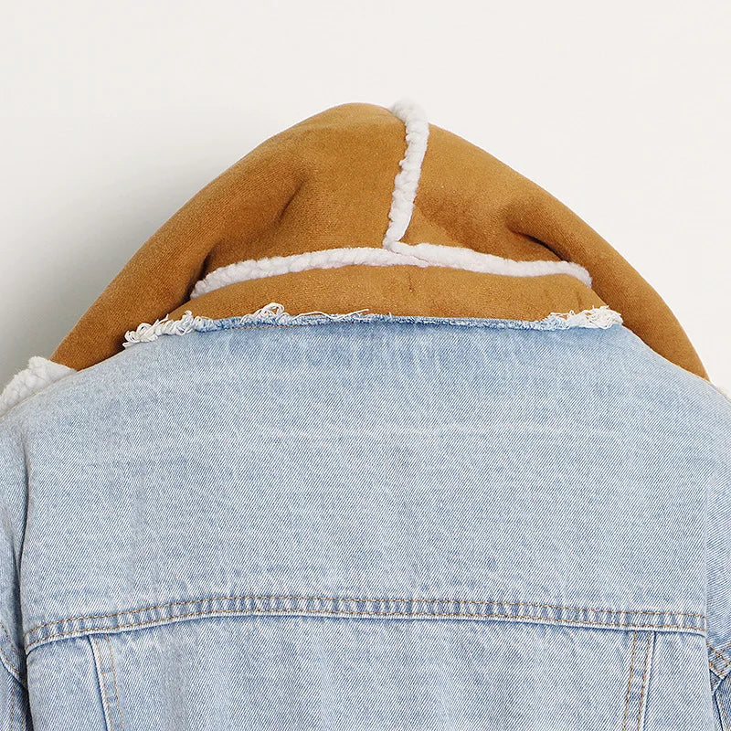 Women's Winter Denim Spliced Hooded Lamb Wool Jacket for Women-Thick Cotton Outwear with Double Pockets & Single-Breasted Closure.