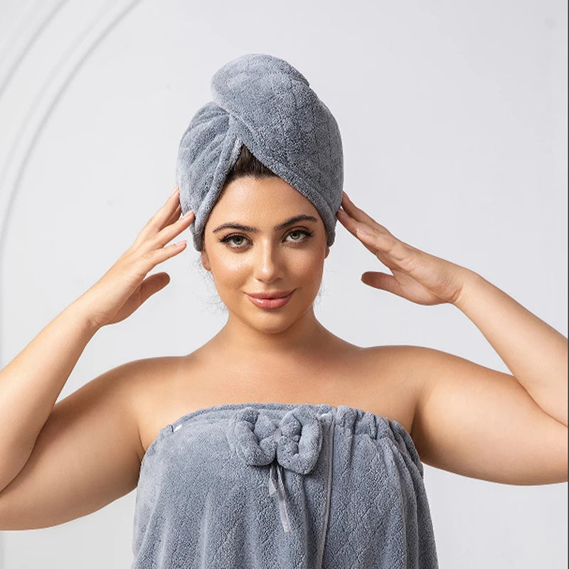 Women's Adjustable Bath Wrap Set - Ultra Soft Woven Towel & Hair Cap for Travel, Spa & Sauna