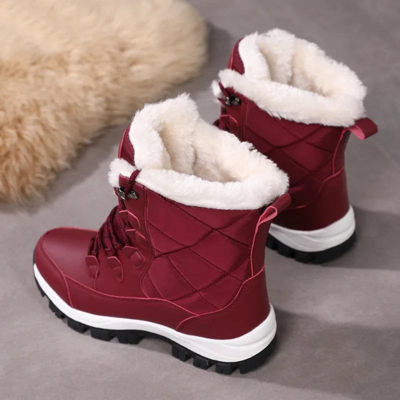 Women's Plush-Lined Waterproof Snow Boots - High-Top Winter Hiking Ankle Boots