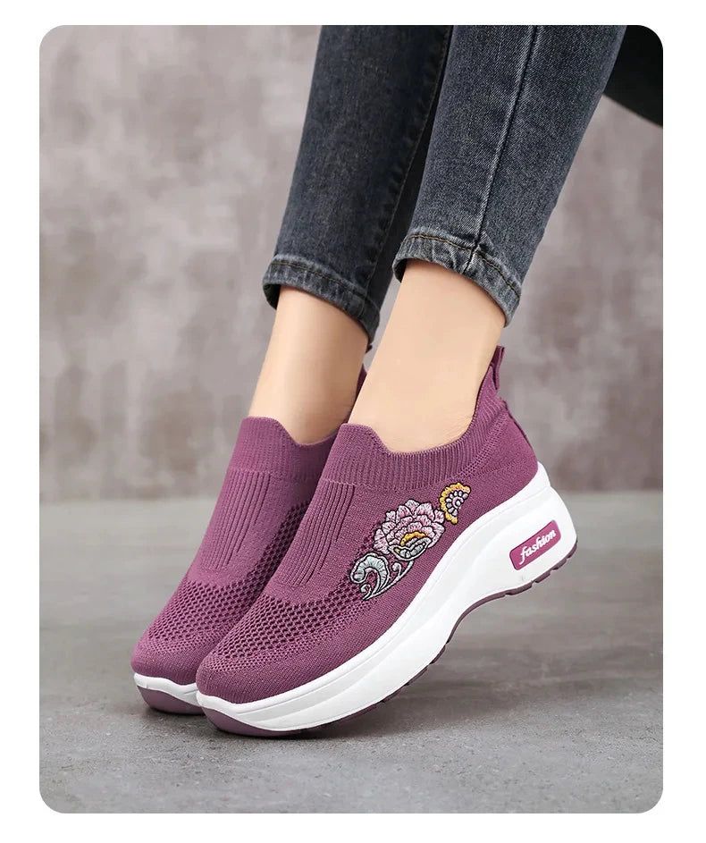 Women's Floral Embroidered Platform Slip-On Sneakers – Lightweight Mesh Walking Shoes with Cushioned Sole
