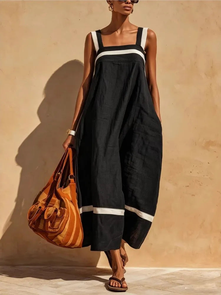 Women's Loose Suspender Dress with Pockets | Solid A-Line Midi Dress | Casual Summer Sleeveless Square Neck Sundress