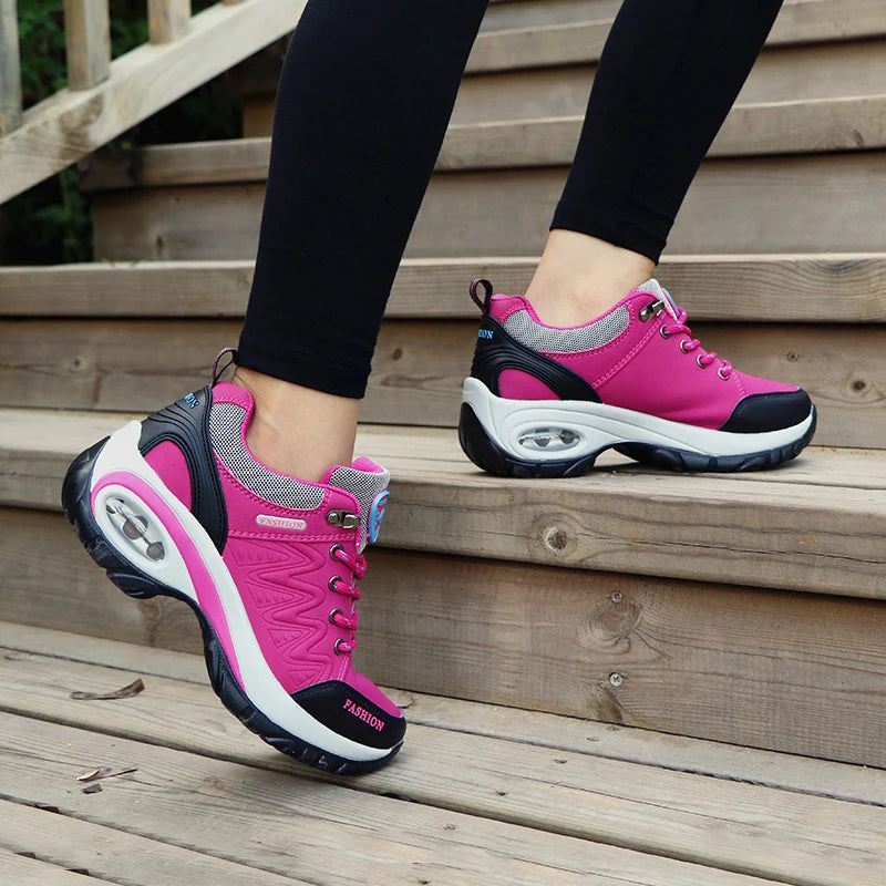 Women's Air Cushion Platform Sneakers - Waterproof Breathable Outdoor Athletic Shoes - Comfortable Lace-Up Hiking Sneakers