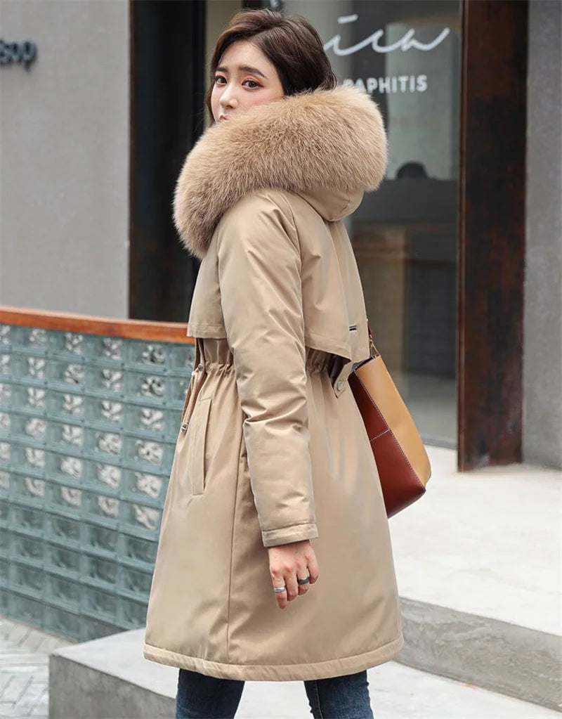 Women's Luxe Winter Parka: Thick Padded Coat with Wool Liner & Fur-Trimmed Hood-Stylish Snow Wear in Cotton-Polyester Blend.